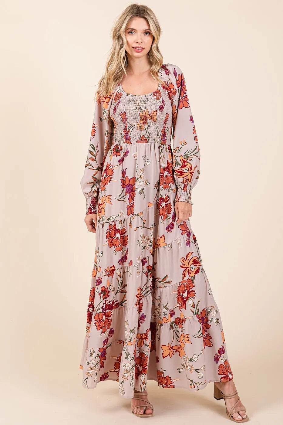 Mittoshop Flower Print Smocked Diagonal Tiered Maxi Dress for a perfect OOTD – dress to impress outfits from Amexza