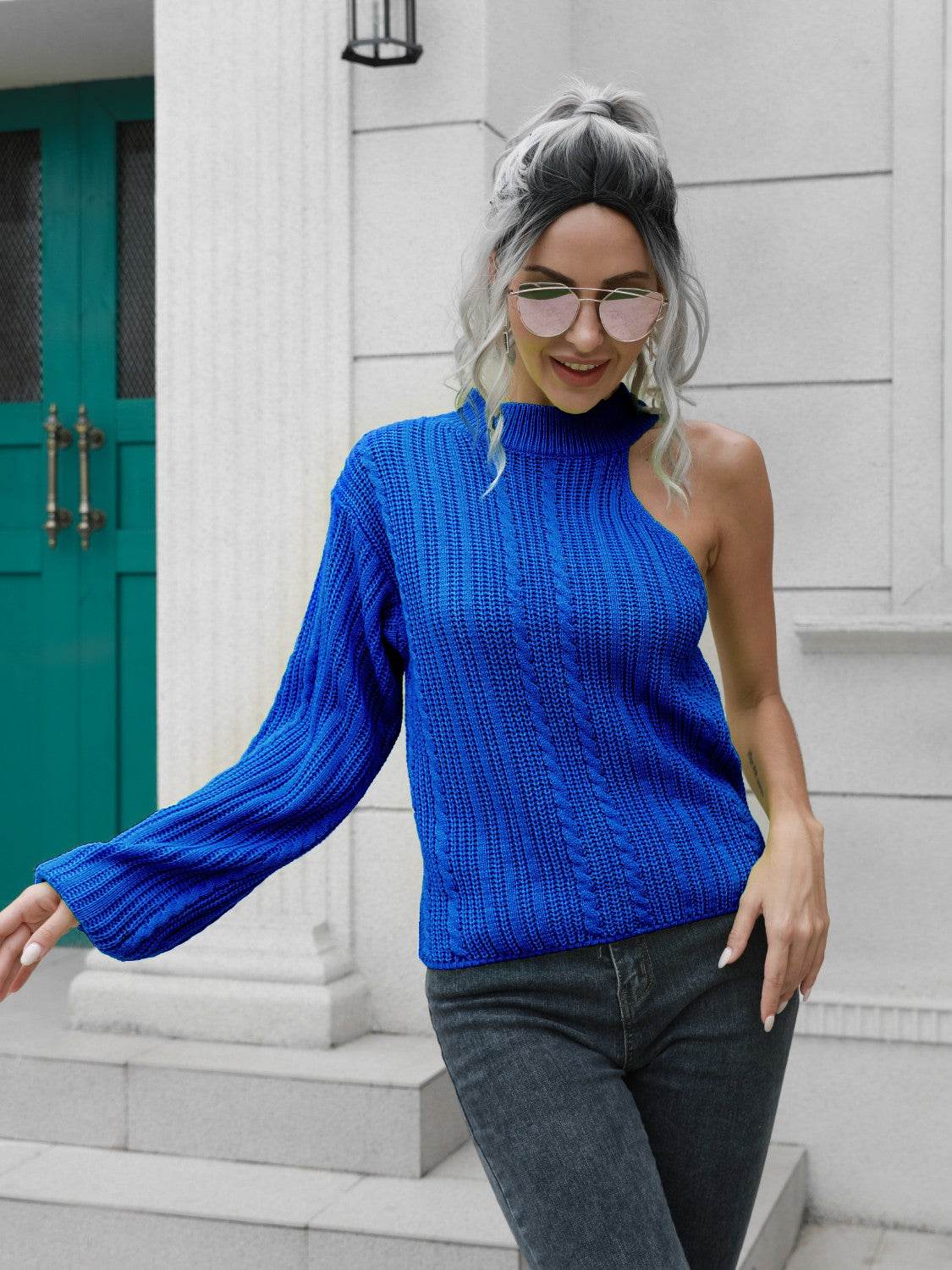 Cable-Knit Round Neck Asymmetrical Sweater for a perfect OOTD – dress to impress outfits from Amexza