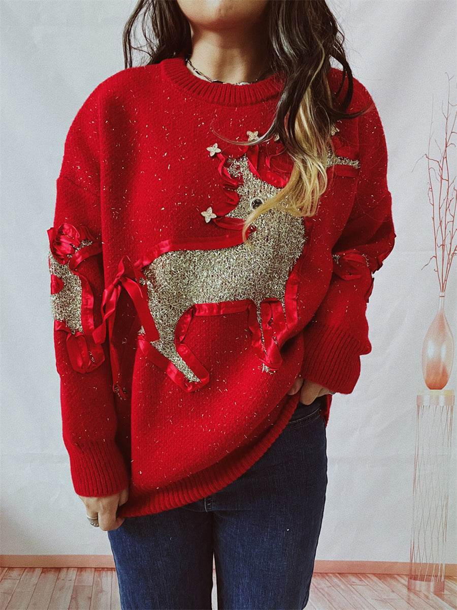 Reindeer Round Neck Long Sleeve Sweater Red for a perfect OOTD – dress to impress outfits from Amexza