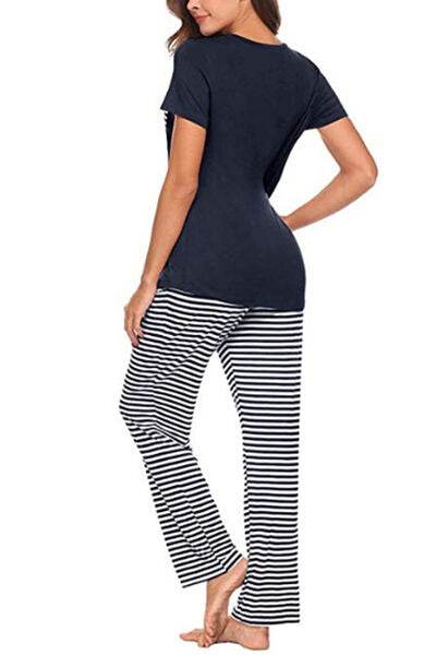 Pocketed Short Sleeve Top and Striped Pants Lounge Set for a perfect OOTD – dress to impress outfits from Amexza