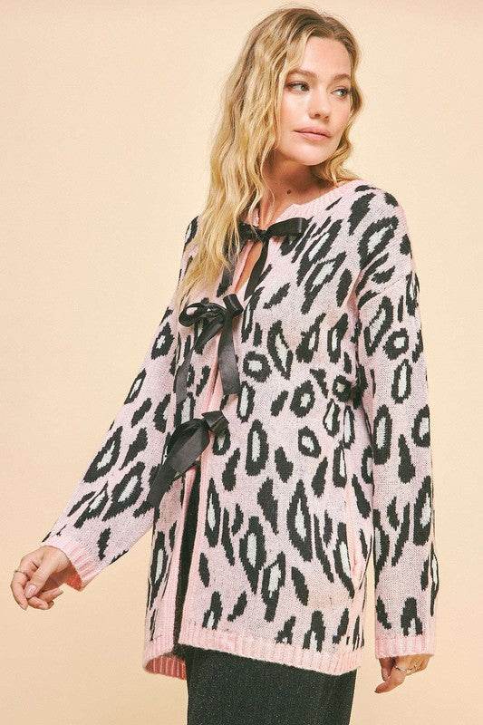 Davi & Dani Leopard Ribbon Tie Front Loose Fit Cardigan for a perfect OOTD – dress to impress outfits from Amexza