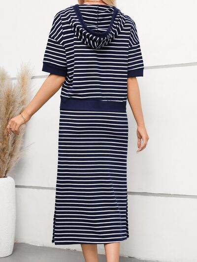 Drawstring Striped Short Sleeve Hooded Top and Skirt Set - Amexza