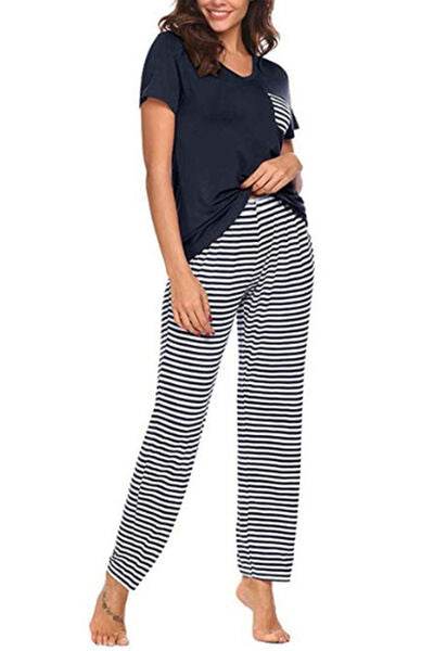 Pocketed Short Sleeve Top and Striped Pants Lounge Set for a perfect OOTD – dress to impress outfits from Amexza