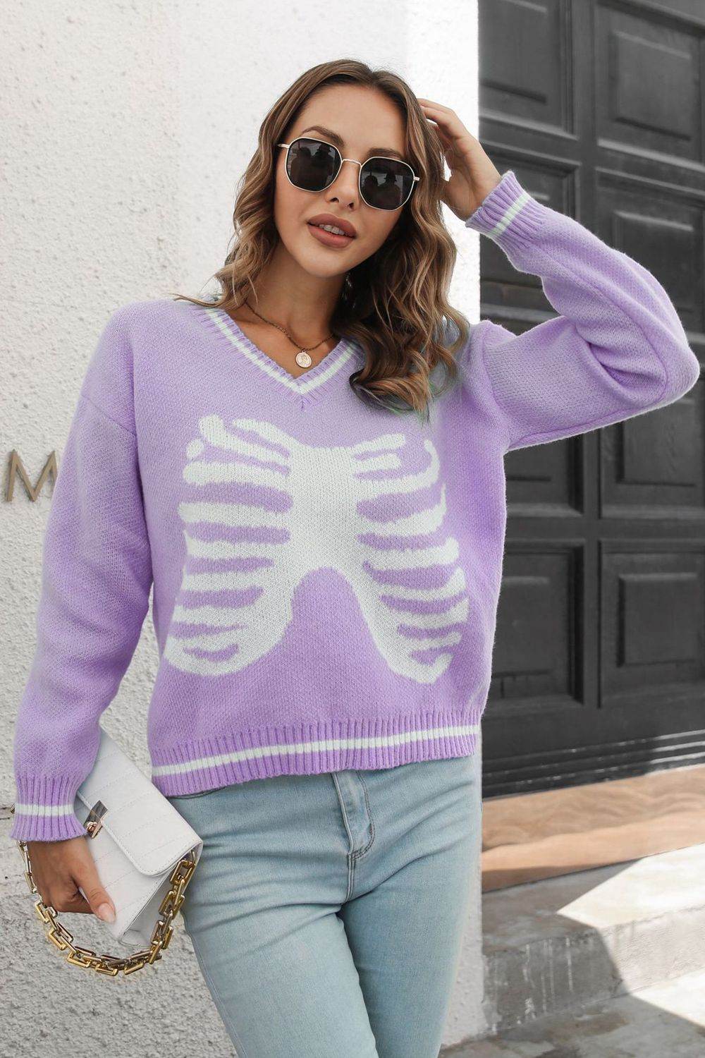 Skeleton Pattern V-Neck Long Sleeve Pullover Sweater Lavender for a perfect OOTD – dress to impress outfits from Amexza