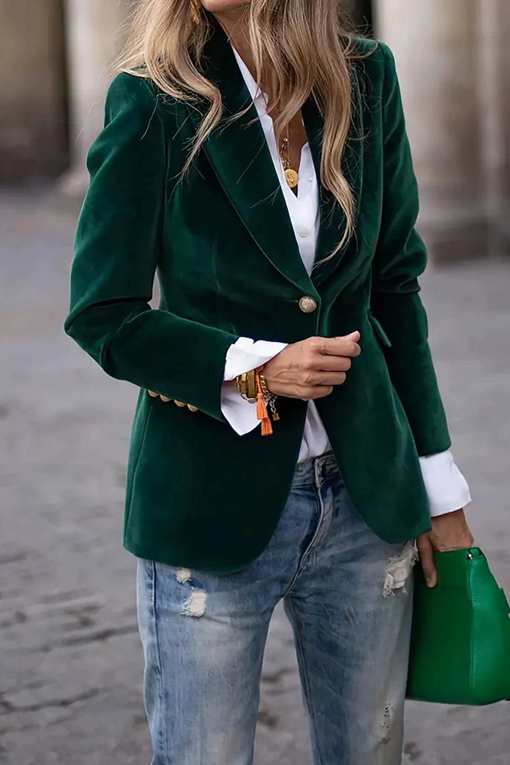 Lapel Collar One Button Blazer Dark Green for a perfect OOTD – dress to impress outfits from Amexza