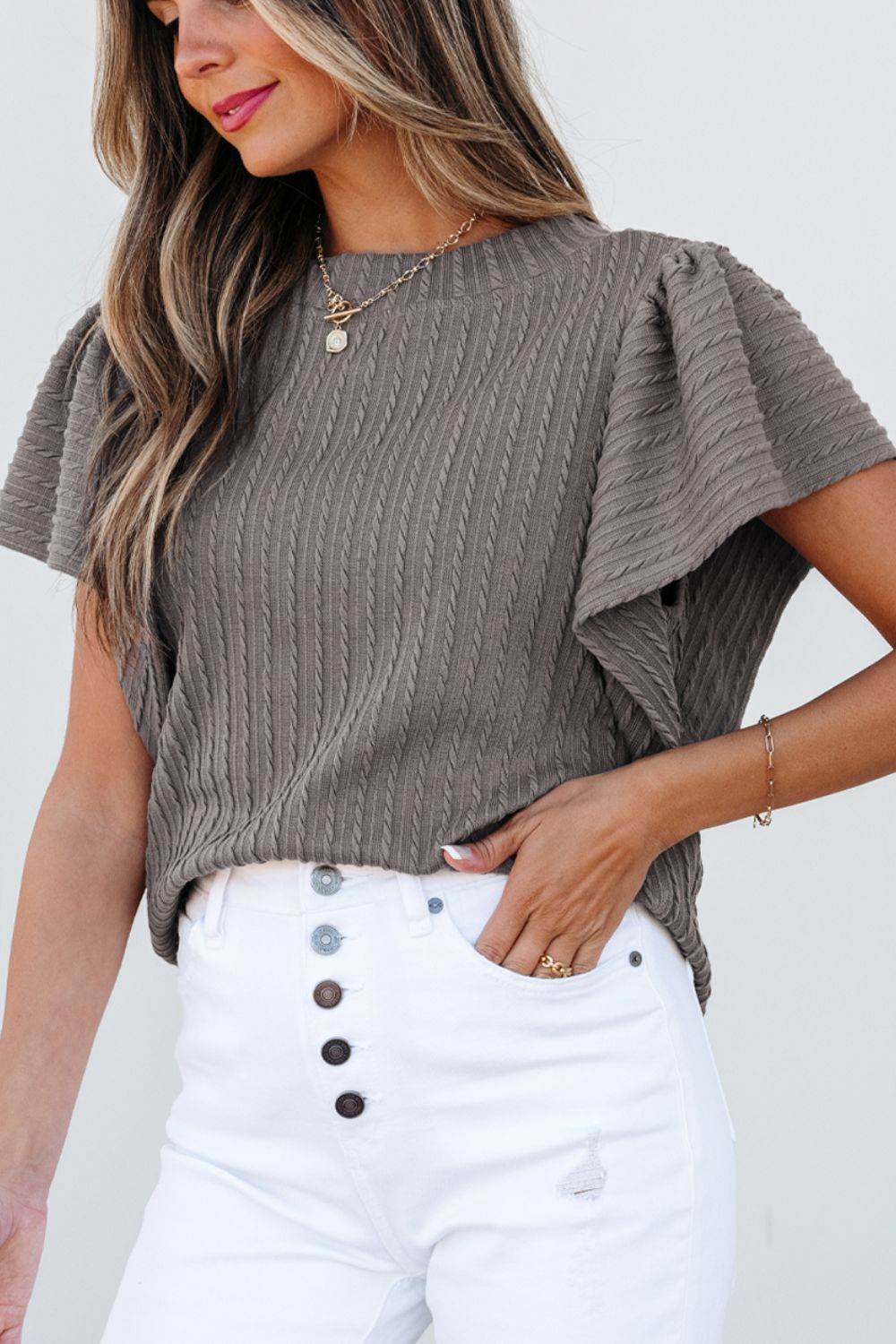 Textured Round Neck Flounce Sleeve Blouse for a perfect OOTD – dress to impress outfits from Amexza