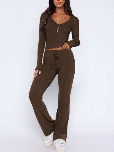 V-Neck Long Sleeve Top and Pants Set - Amexza