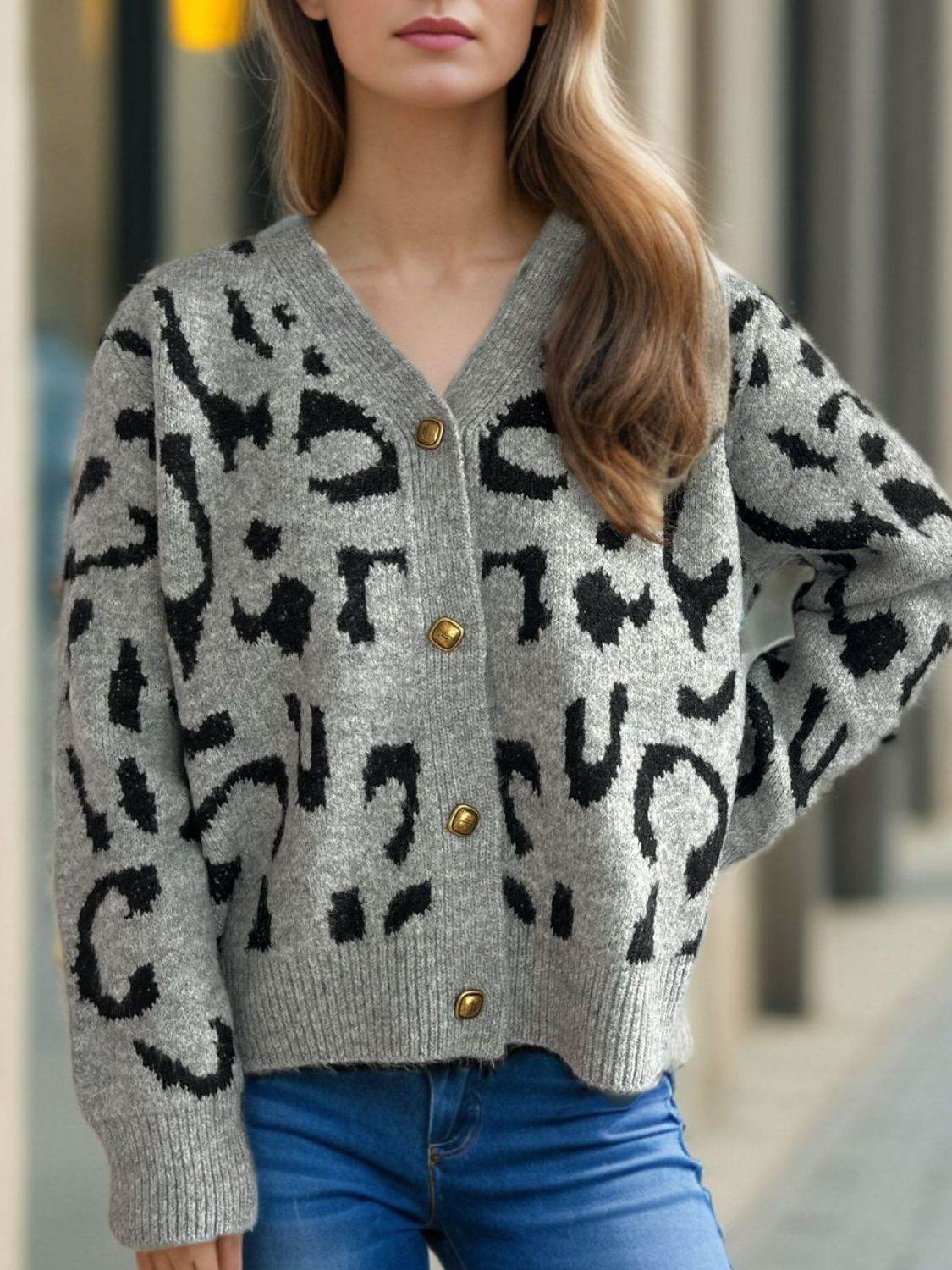 Leopard V-Neck Button Up Cardigan - Amexza