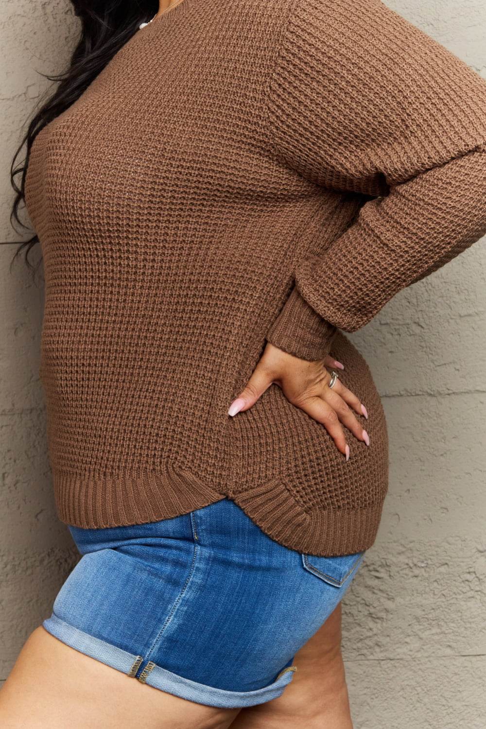 Zenana Breezy Days Plus Size High Low Waffle Knit Sweater - Amexza