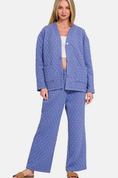 Zenana Quilted Button Up Long Sleeve Top and Pants Lounge Set Blue Purple for a perfect OOTD – dress to impress outfits from Amexza