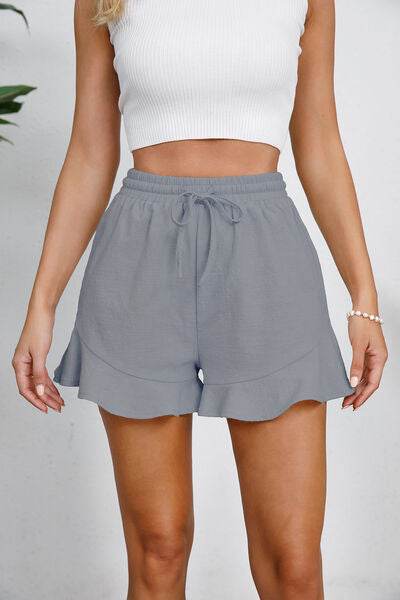 Full Size Drawstring Ruffle Hem Shorts Gray for a perfect OOTD – dress to impress outfits from Amexza