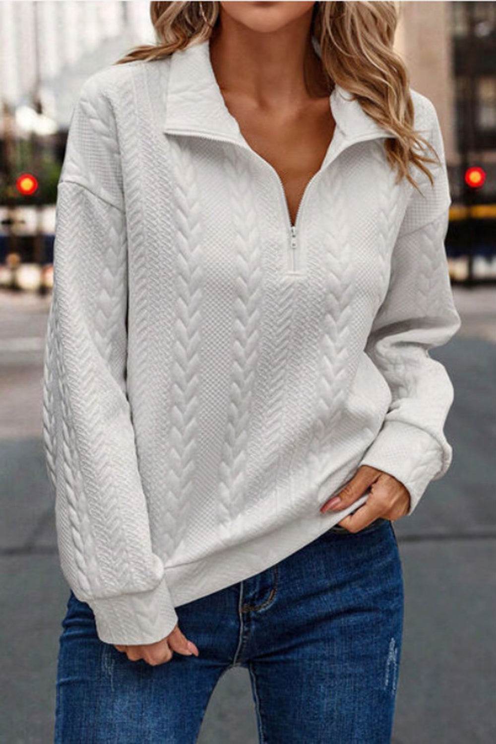 Half Zip Drop Shoulder Long Sleeve Sweatshirt for a perfect OOTD – dress to impress outfits from Amexza