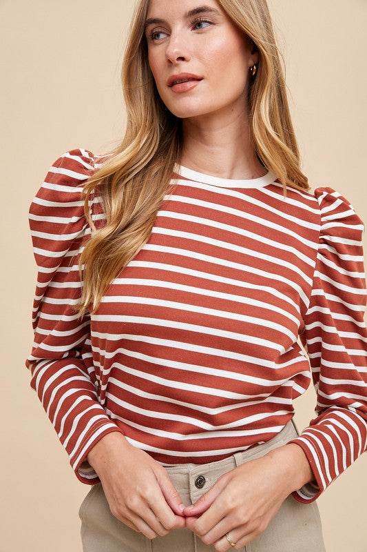 Annie Wear Striped Round Neck Puff Sleeve French Terry Top Rust for a perfect OOTD – dress to impress outfits from Amexza