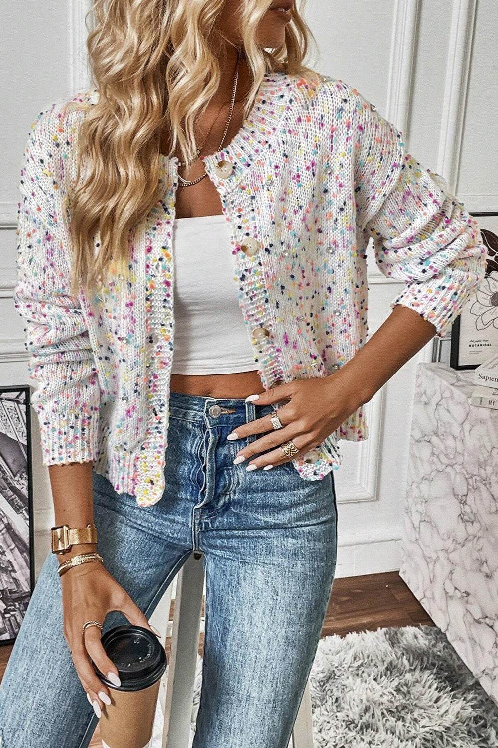 Confetti Button Up Long Sleeve Cardigan White for a perfect OOTD – dress to impress outfits from Amexza