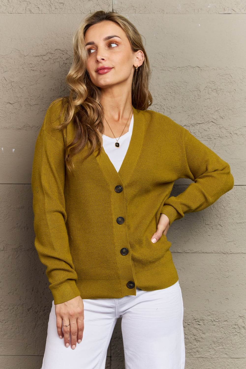 Zenana Kiss Me Tonight Full Size Button Down Cardigan in Chartreuse for a perfect OOTD – dress to impress outfits from Amexza