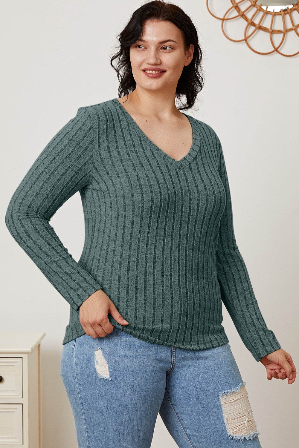 Basic Bae Full Size Ribbed V-Neck Long Sleeve T-Shirt for a perfect OOTD – dress to impress outfits from Amexza