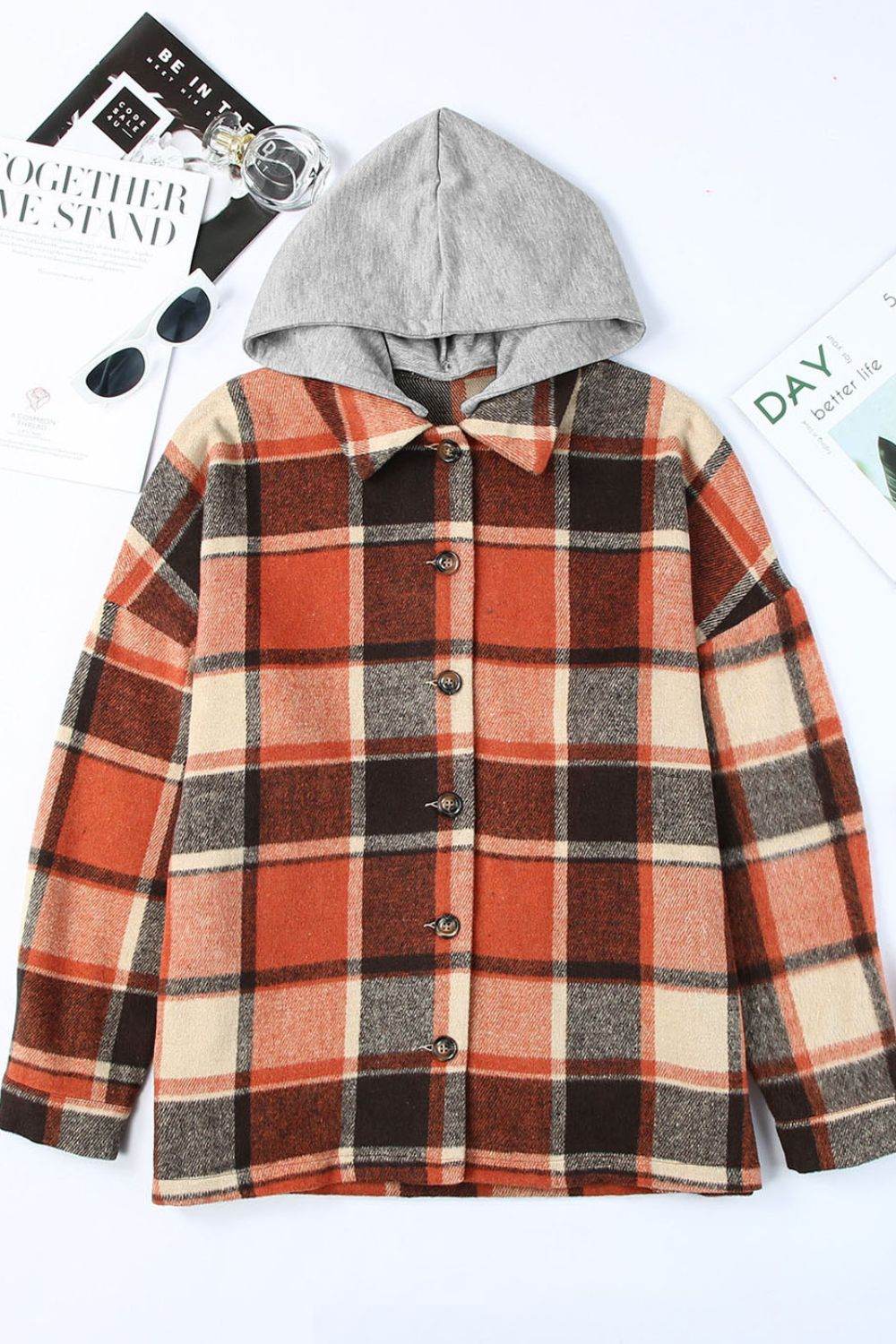 Plaid Button Up Hooded Shacket for a perfect OOTD – dress to impress outfits from Amexza