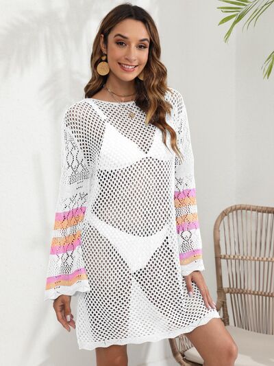 Openwork Contrast Long Sleeve Cover-Up for a perfect OOTD – dress to impress outfits from Amexza