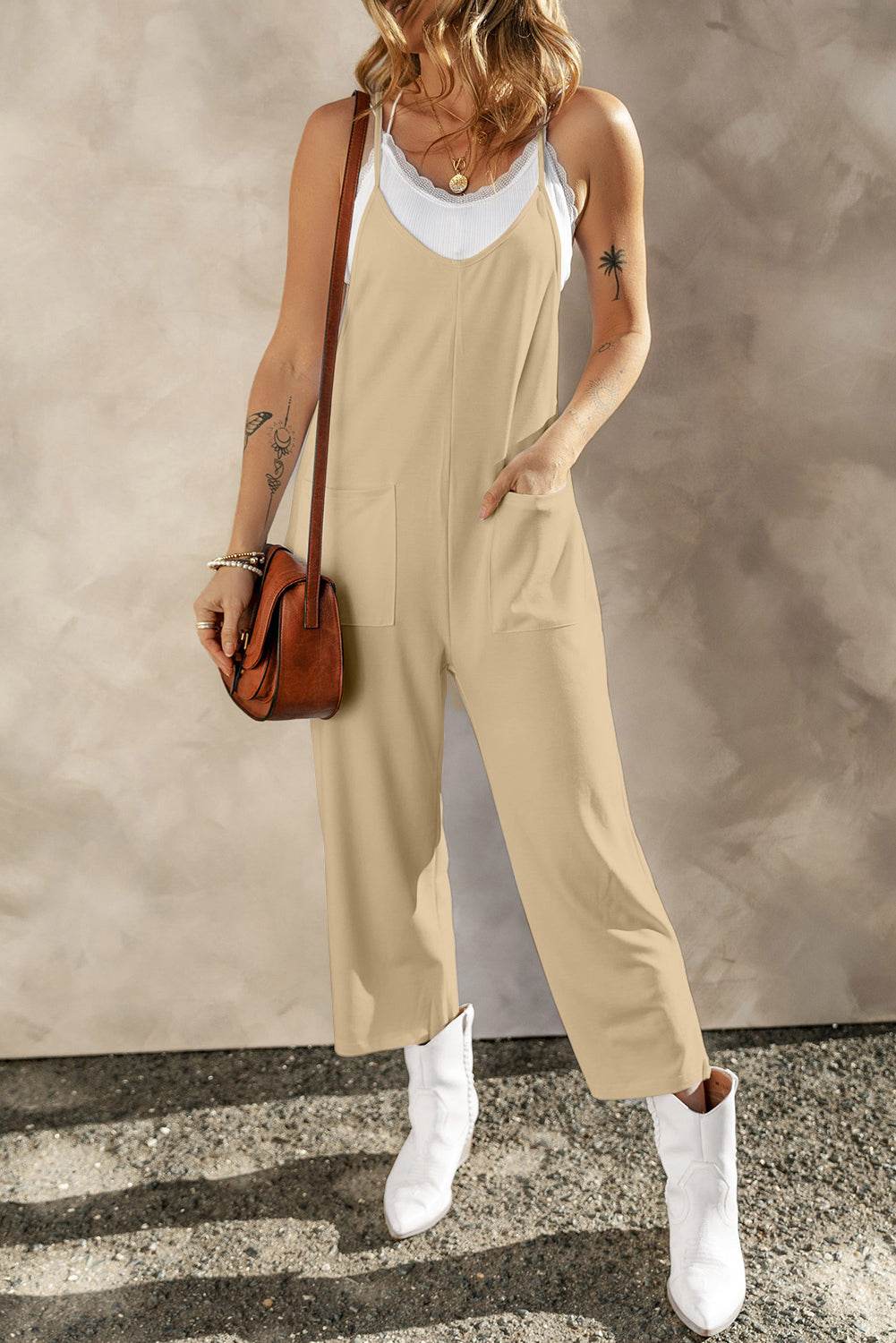 Pocketed Spaghetti Strap Wide Leg Jumpsuit Khaki for a perfect OOTD – dress to impress outfits from Amexza