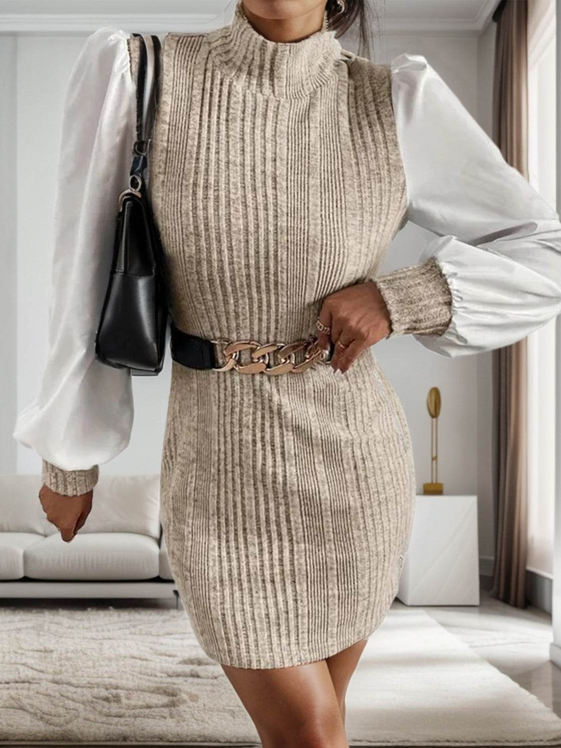 Ribbed Contrast Long Sleeve Sweater Dress Beige for a perfect OOTD – dress to impress outfits from Amexza