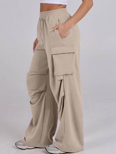 Elastic Waist Wide Leg Pants with Pockets Tan for a perfect OOTD – dress to impress outfits from Amexza