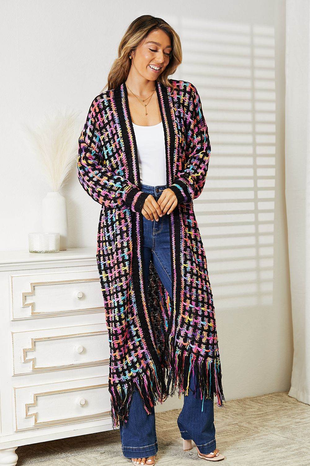 Angel Wings Full Size Multicolored Open Front Fringe Hem Cardigan Multicolor for a perfect OOTD – dress to impress outfits from Amexza