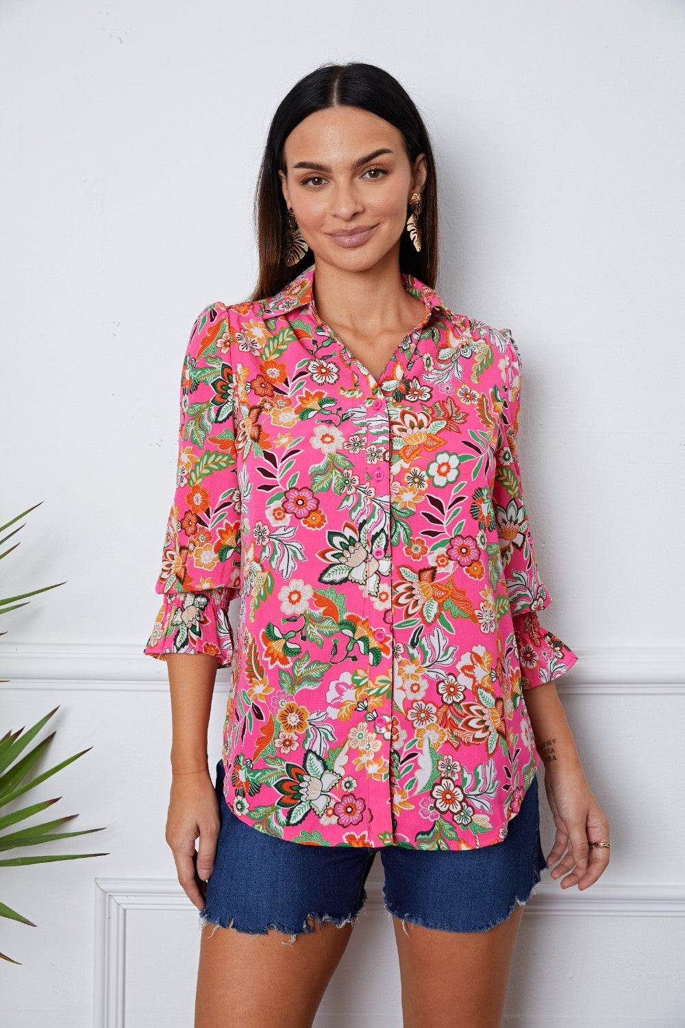 Floral Button Up Flounce Sleeve Shirt for a perfect OOTD – dress to impress outfits from Amexza