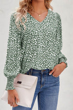 Printed V-Neck Smocked Lantern Sleeve Blouse - Amexza