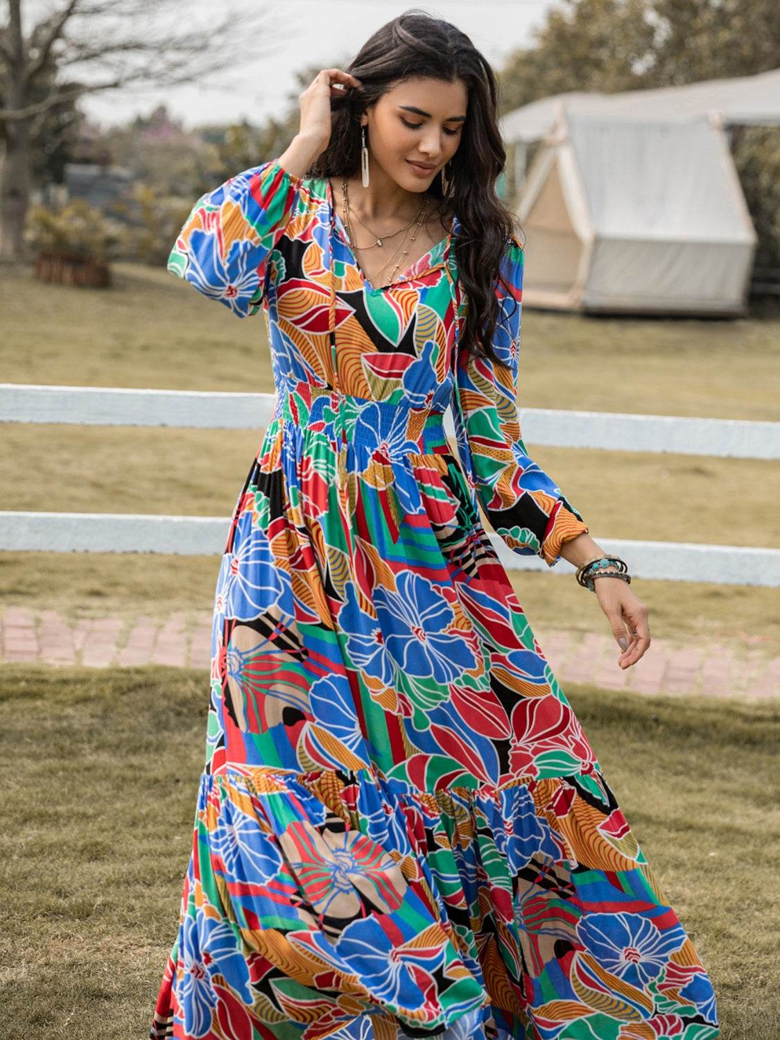 Printed Smocked Tie Neck Balloon Sleeve Maxi Dress - Amexza