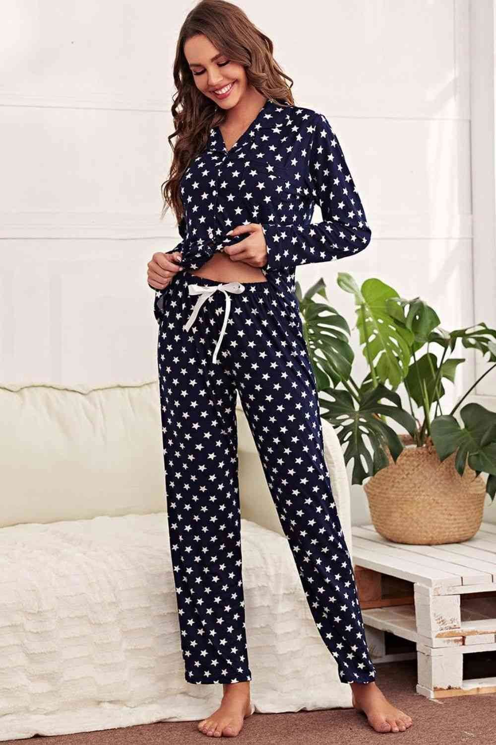 Star Print Button-Up Shirt and Pants Lounge Set for a perfect OOTD – dress to impress outfits from Amexza