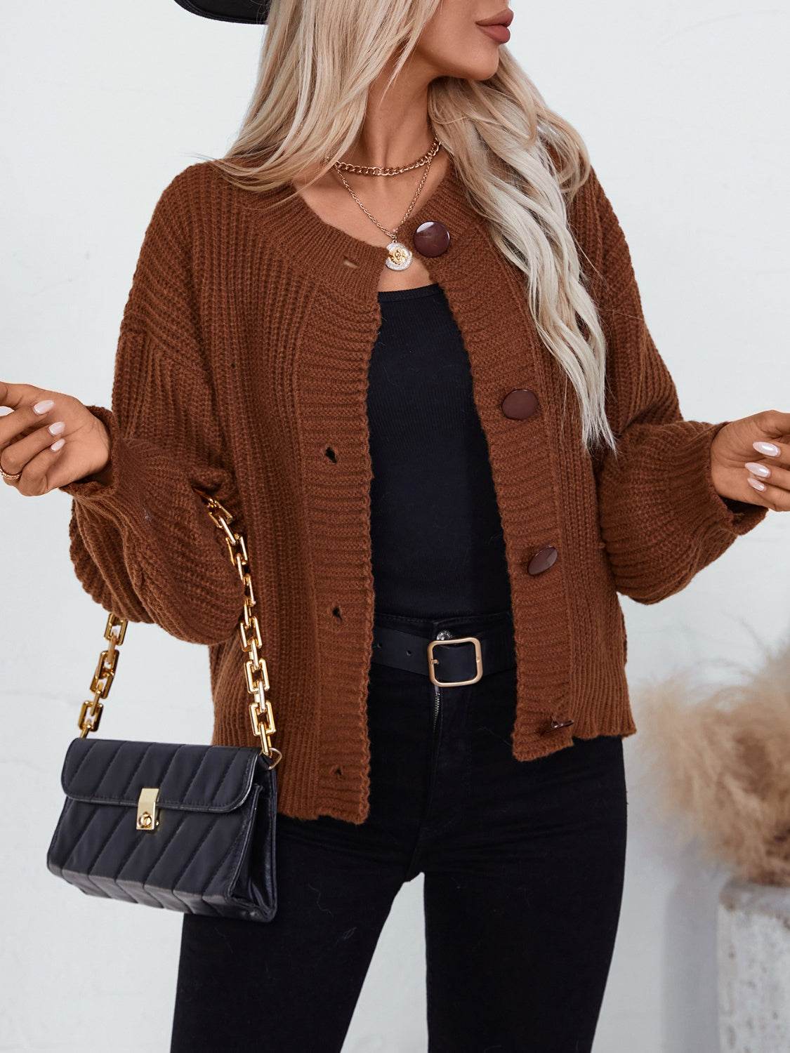 Button Down Long Sleeve Cardigan Brown for a perfect OOTD – dress to impress outfits from Amexza