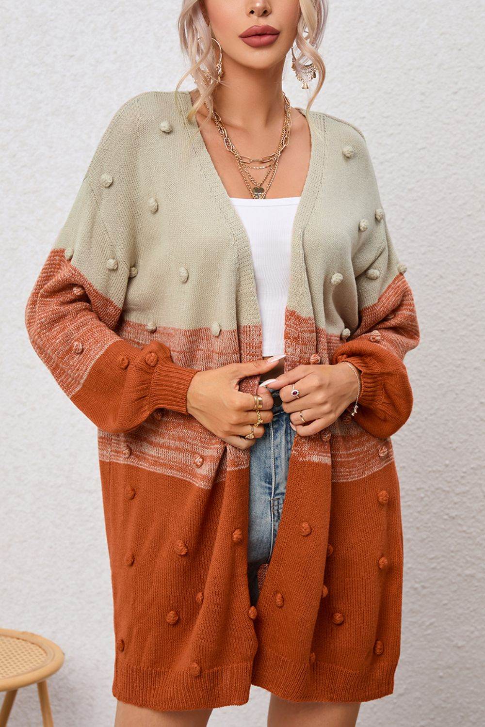 Pompom Color Block Open Front Cardigan Caramel for a perfect OOTD – dress to impress outfits from Amexza