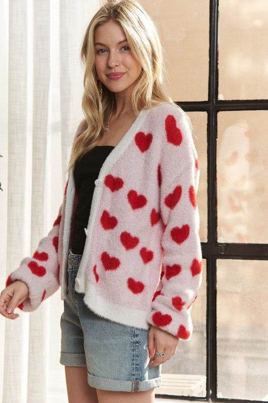 ADORA Fuzzy Heart Button Down Cardigan for a perfect OOTD – dress to impress outfits from Amexza