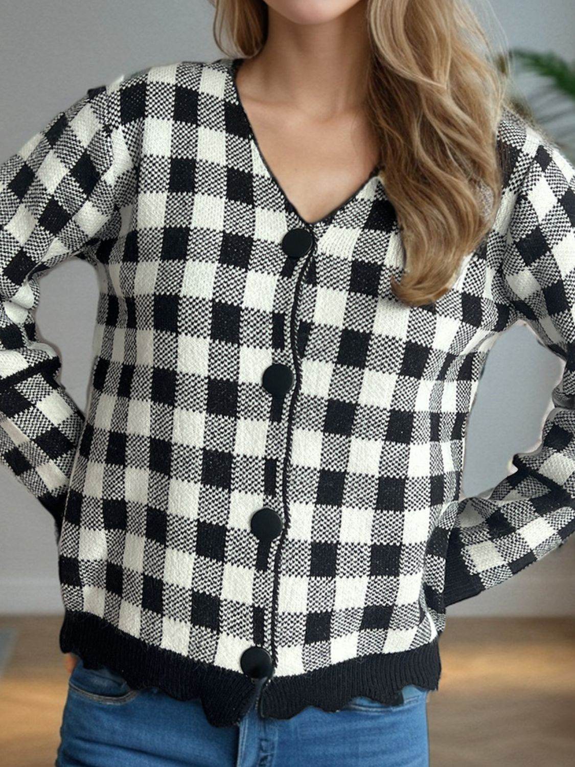 Plaid V-Neck Button Up Cardigan for a perfect OOTD – dress to impress outfits from Amexza