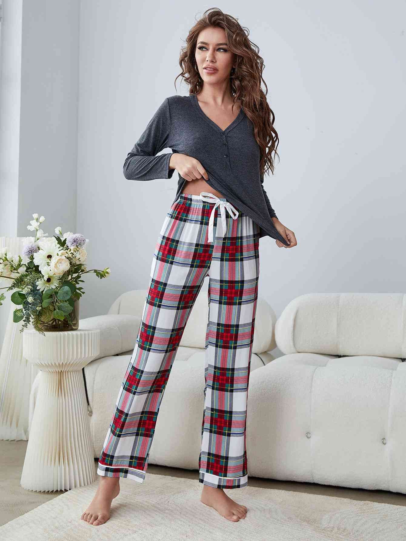 Buttoned Long Sleeve Top and Plaid Pants Lounge Set Grey for a perfect OOTD – dress to impress outfits from Amexza