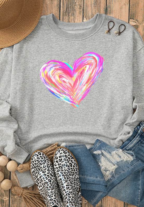 Valentine’s Day Heart Round Neck Drop Shoulder Sweatshirt for a perfect OOTD – dress to impress outfits from Amexza