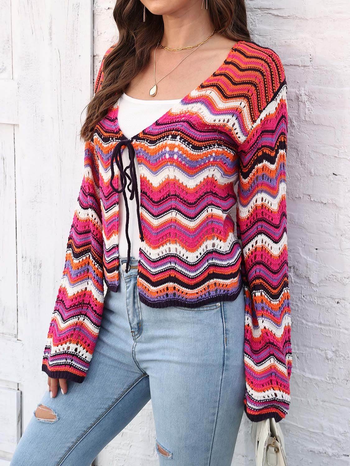 Striped Openwork Tied Cardigan - Amexza