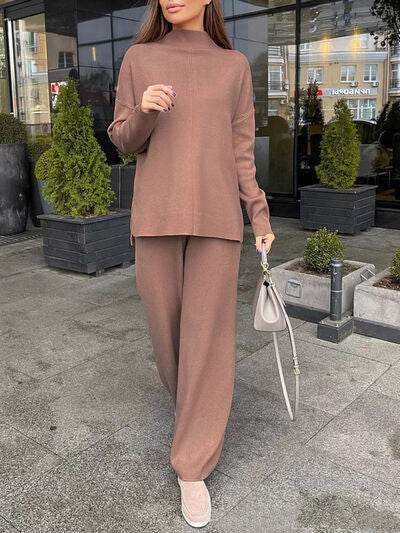 Slit Mock Neck Top and Pants Sweater Set for a perfect OOTD – dress to impress outfits from Amexza
