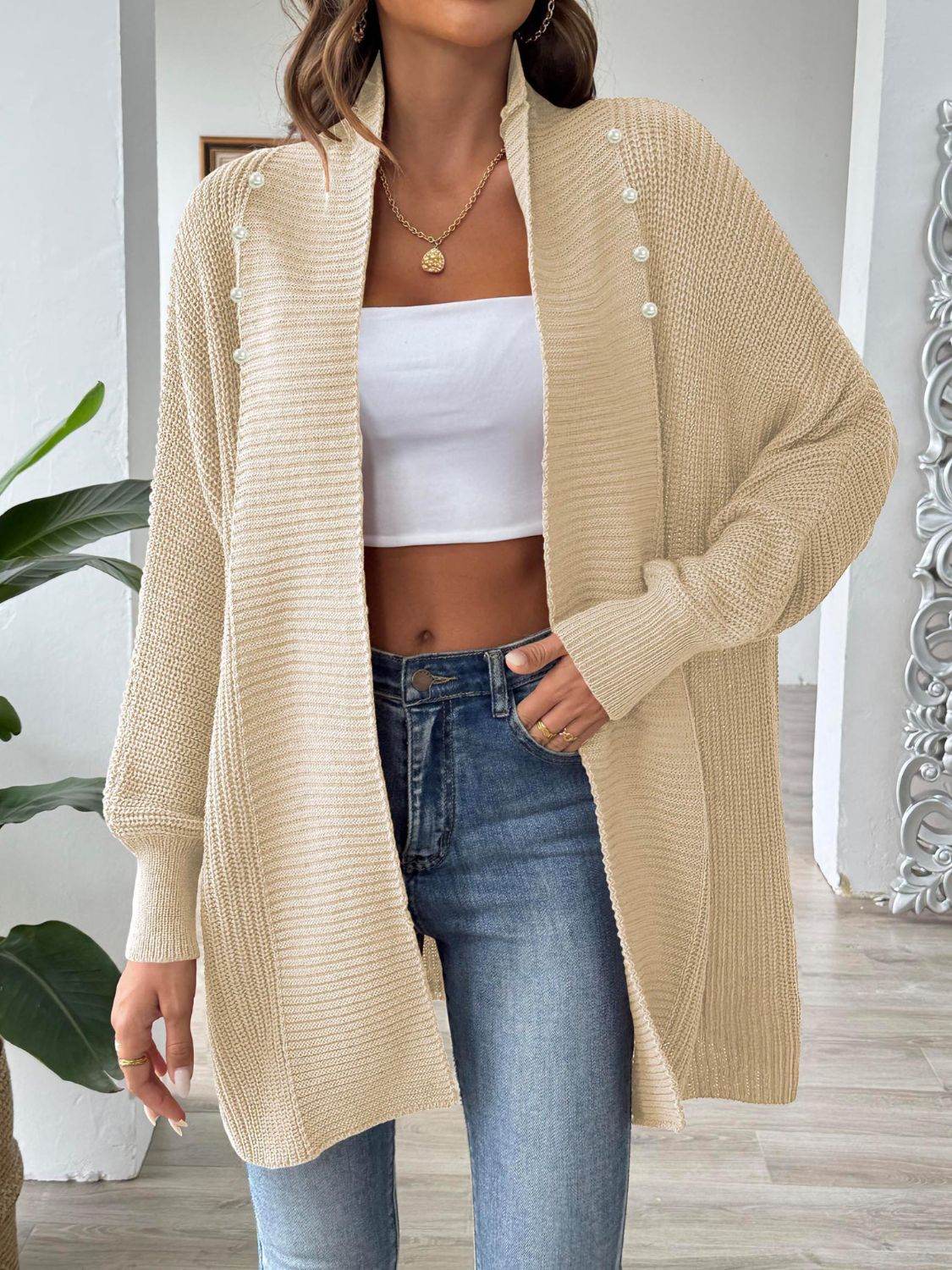 Open Front Long Sleeve Cardigan Tan One Size for a perfect OOTD – dress to impress outfits from Amexza