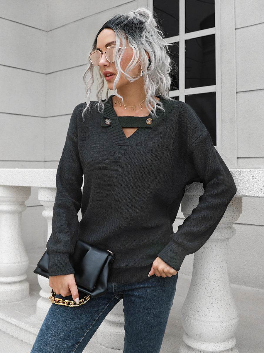 Dropped Shoulder Button Detail Sweater Black for a perfect OOTD – dress to impress outfits from Amexza
