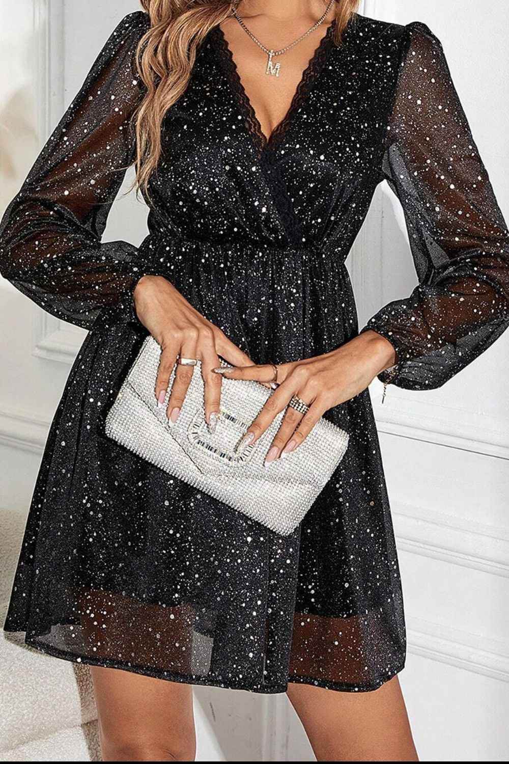 Glitter Surplice Long Sleeve Mini Dress - Amexza