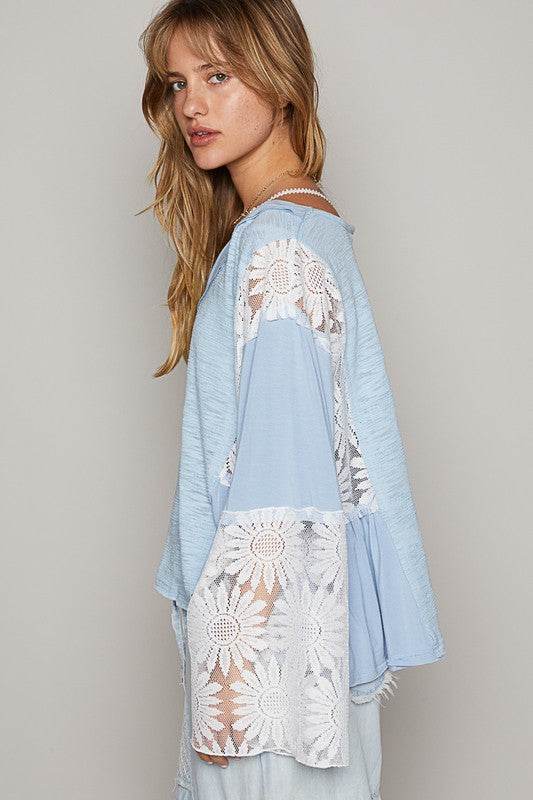 POL Lace Detail V-Neck Flare Sleeve Blouse for a perfect OOTD – dress to impress outfits from Amexza