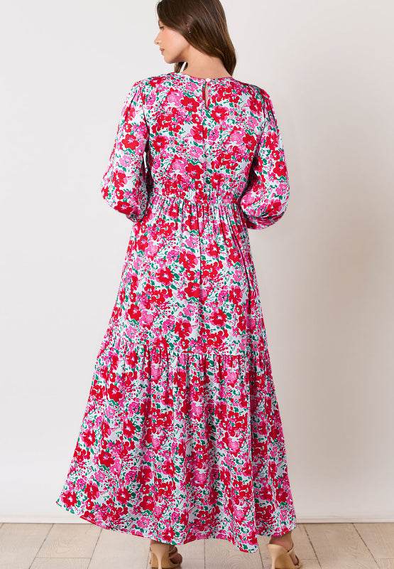 Printed Round Neck Lantern Sleeve Maxi Dress - Amexza