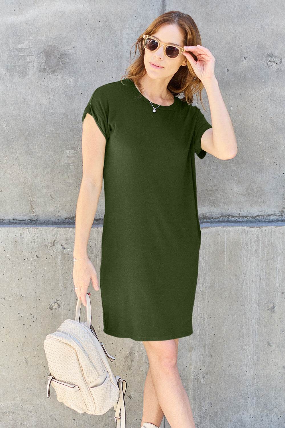 Basic Bae Full Size Round Neck Short Sleeve Dress with Pockets - Amexza