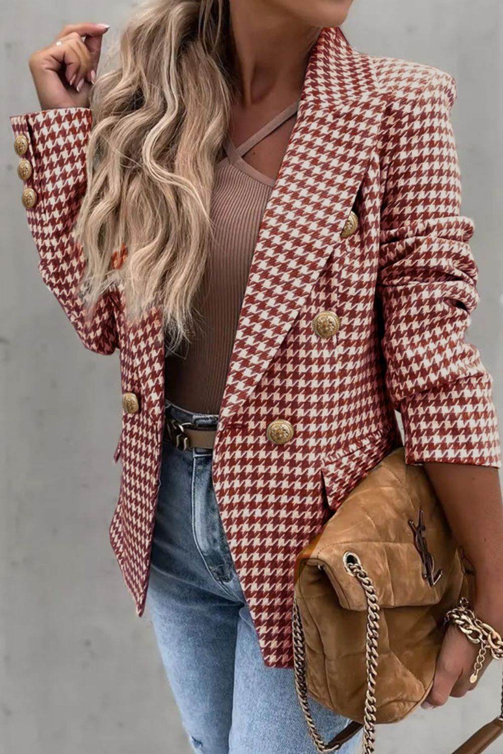 Houndstooth Collared Neck Double-Breasted Blazer - Amexza