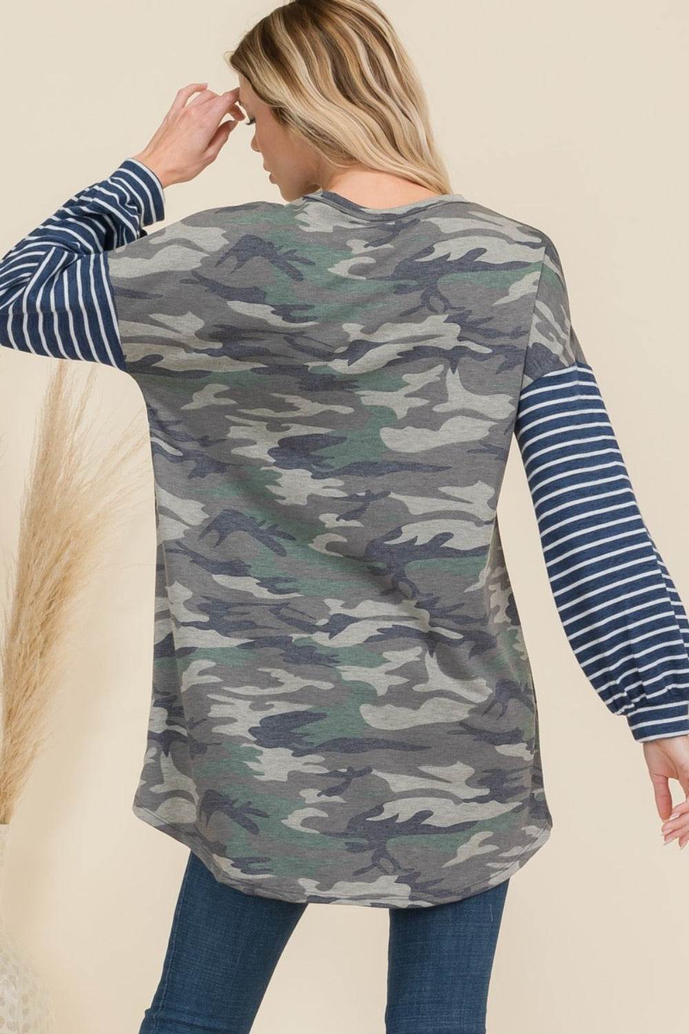 Celeste Full Size Camo Print High-Low T-Shirt with Stripe Sleeves for a perfect OOTD – dress to impress outfits from Amexza