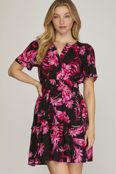 She + Sky Full Size Printed Notched Short Sleeve Frill Tiered Dress Plus Size Black for a perfect OOTD – dress to impress outfits from Amexza