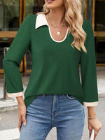 Contrast Collared Neck Long Sleeve Top - Amexza