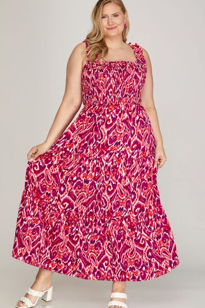 She + Sky Full Size Smocked Printed Wide Strap Tiered Dress Plus Size for a perfect OOTD – dress to impress outfits from Amexza