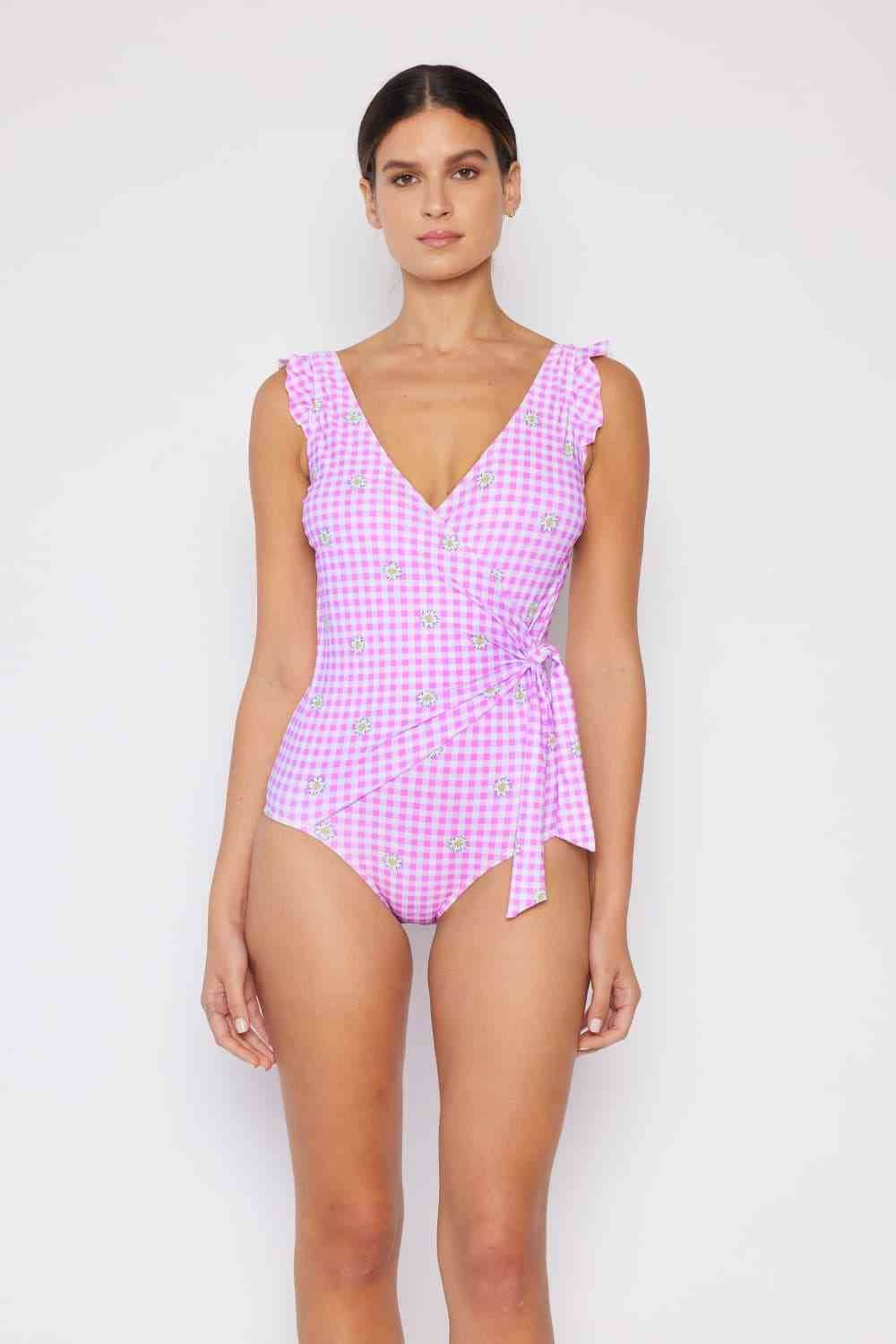 Marina West Swim Full Size Float On Ruffle Faux Wrap One-Piece in Carnation Pink for a perfect OOTD – dress to impress outfits from Amexza